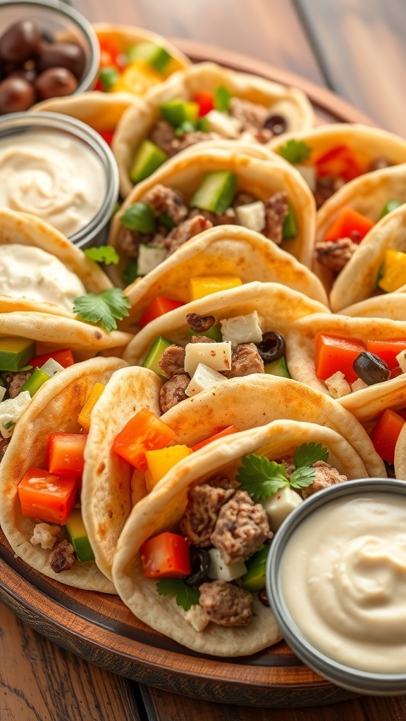 An assortment of pita bread with various toppings including hummus, vegetables, and meats on a wooden platter.